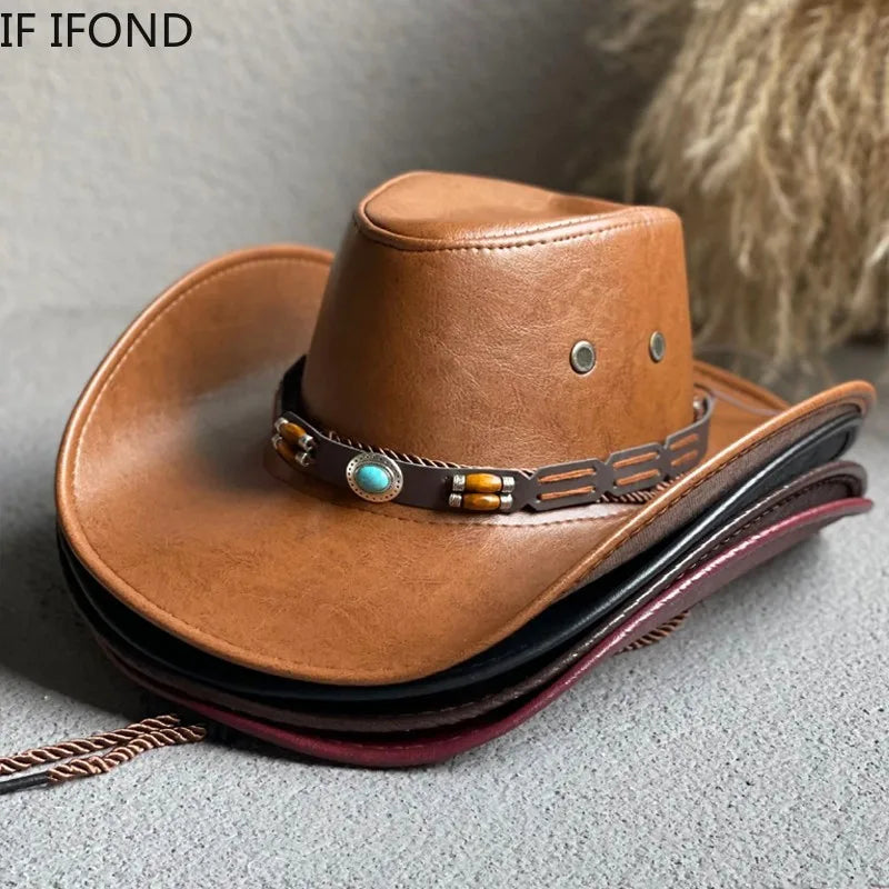Faux Leather Western Cowboy Hat – Vintage Panama Style for Men & Women