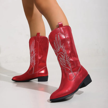 Mid-Calf Women’s Western Cowboy Boots Pointed Toe Retro Fashion