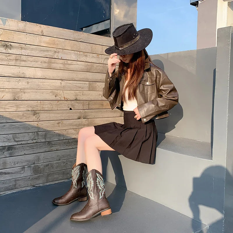 Embroidered Mid-Calf Western Boots for Women – Real Leather