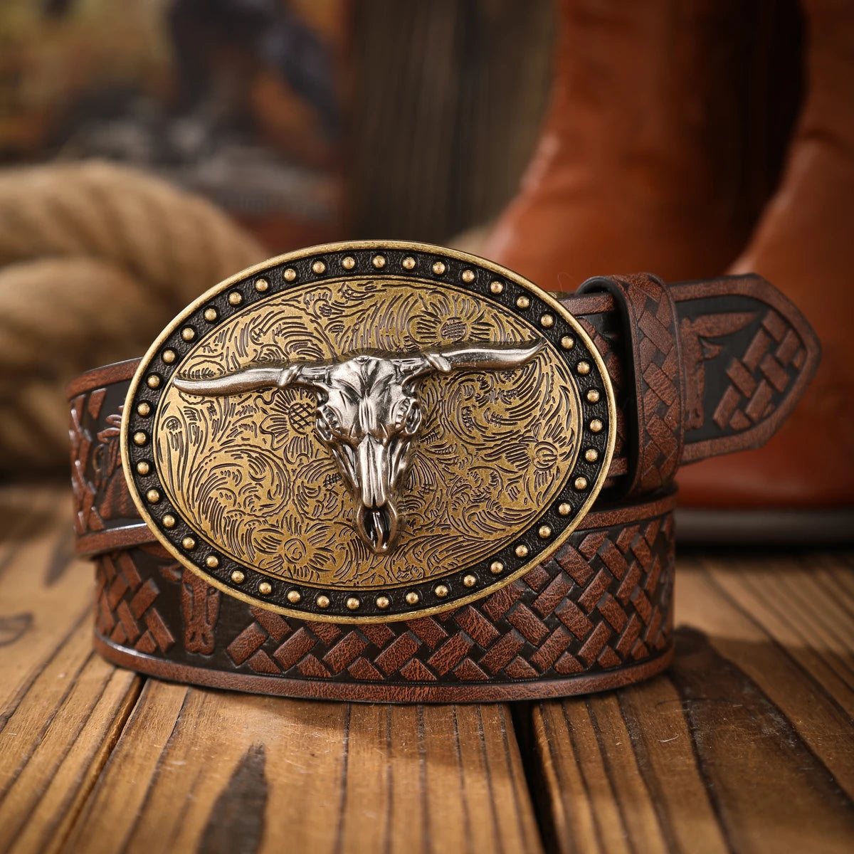 Vintage Western Bull Head Belt Men and Women with Embossed Alloy Buckle