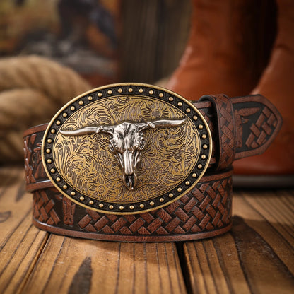 Vintage Western Bull Head Belt Men and Women with Embossed Alloy Buckle