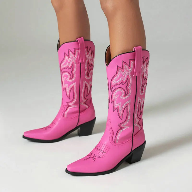 Embroidered Western Cowboy Boots for Women – Pointed Toe Mid-Calf Chunky Heel Boots