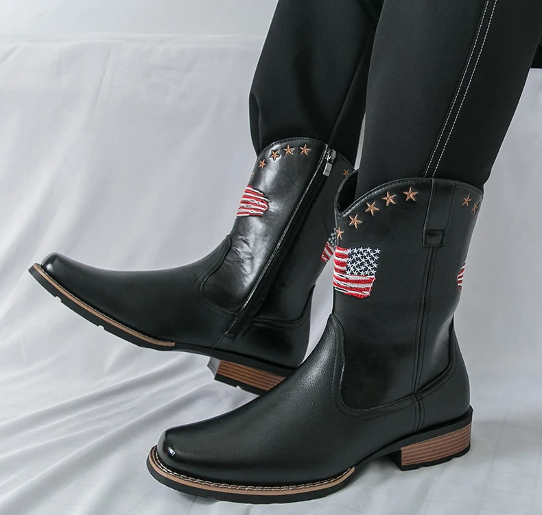 Patriotic Western Cowboy Boots for Men – Vintage Leather Look, Zipper Closure Vegan Leather