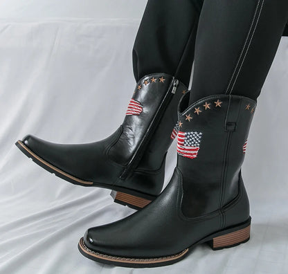 Patriotic Western Cowboy Boots for Men – Vintage Leather Look, Zipper Closure Vegan Leather