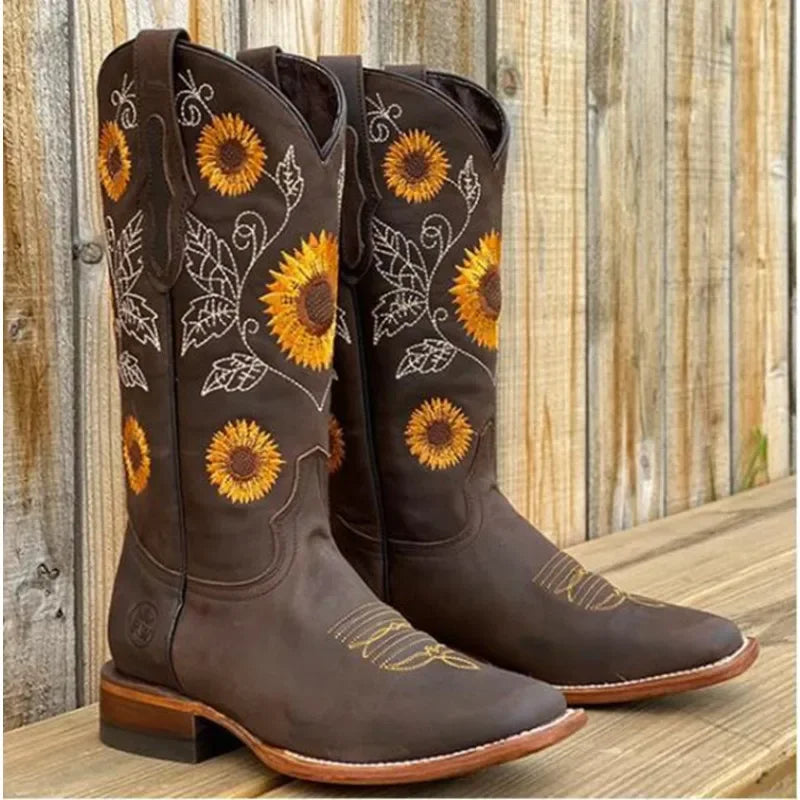 Women’s Coffee Brown Western Cowboy Boots Embroidered Deep V-Mouth