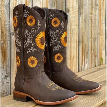 Women’s Coffee Brown Western Cowboy Boots Embroidered Deep V-Mouth