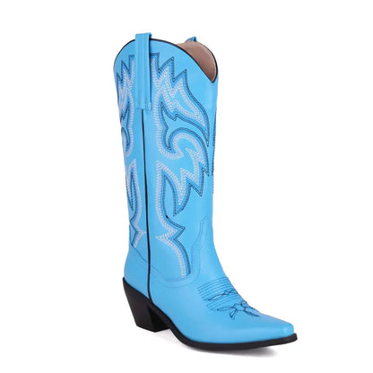 Embroidered Western Cowboy Boots for Women – Pointed Toe Mid-Calf Chunky Heel Boots