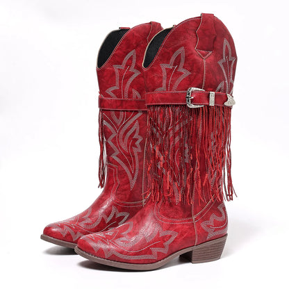 Red Embroidered Tassel Western Cowboy Boots for Women – Buckle Design