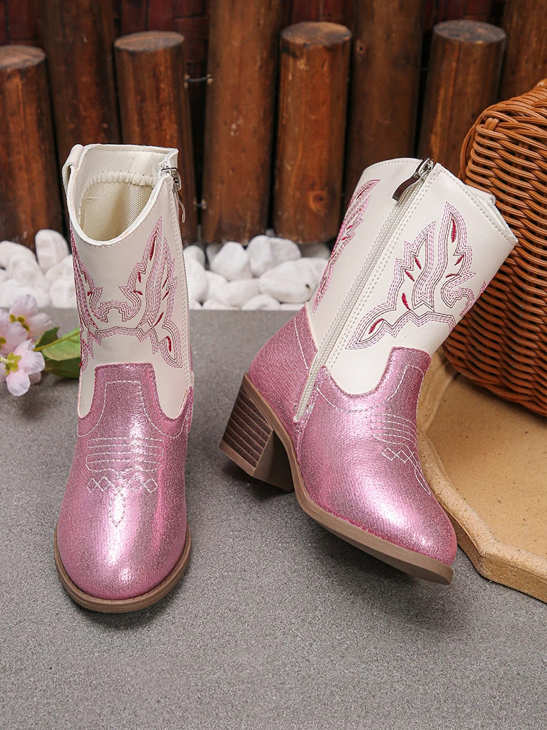 Girls’ Pink & White Glitter Western Cowboy Boots