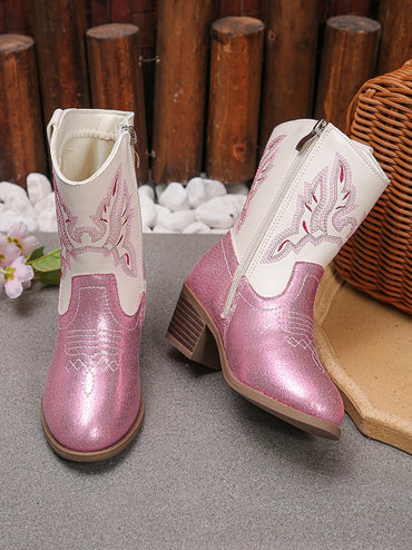 Girls’ Pink & White Glitter Western Cowboy Boots