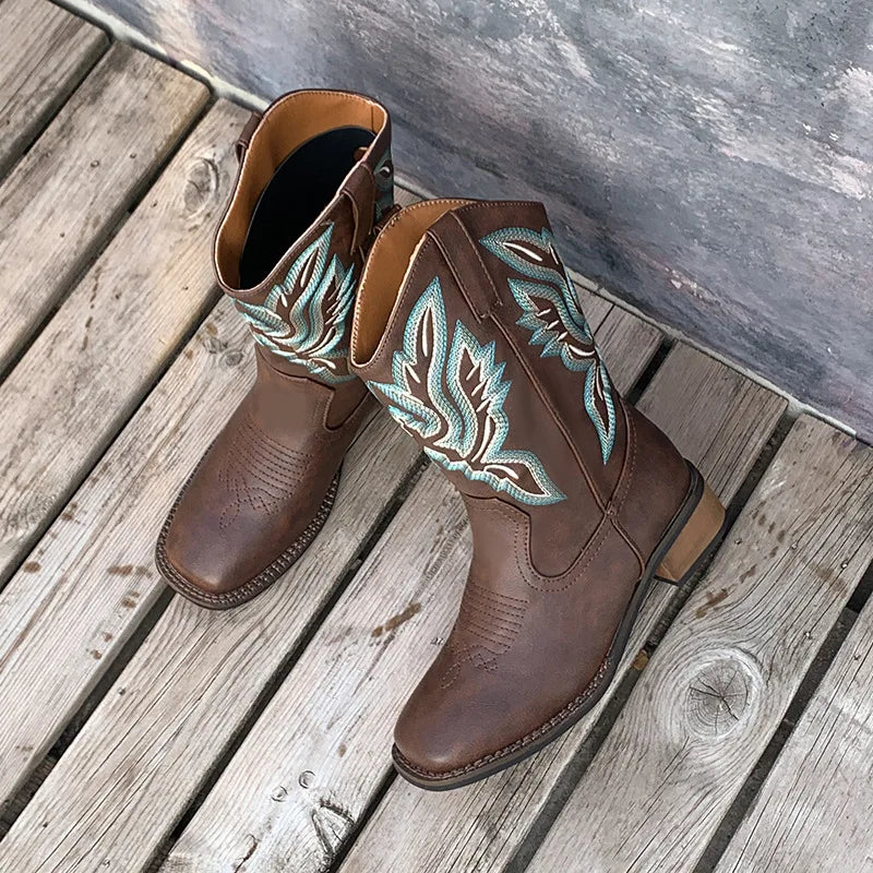 Embroidered Mid-Calf Western Boots for Women – Real Leather