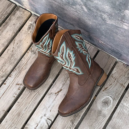 Embroidered Mid-Calf Western Boots for Women – Real Leather