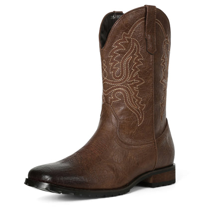 Classic Western Cowboy Boots – Handmade Embroidered Mid-Calf Pull-On Boots Vegan Leather