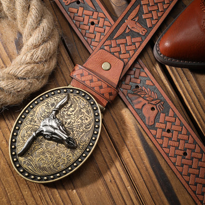 Vintage Western Bull Head Belt Men and Women with Embossed Alloy Buckle