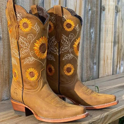 Women’s Coffee Brown Western Cowboy Boots Embroidered Deep V-Mouth