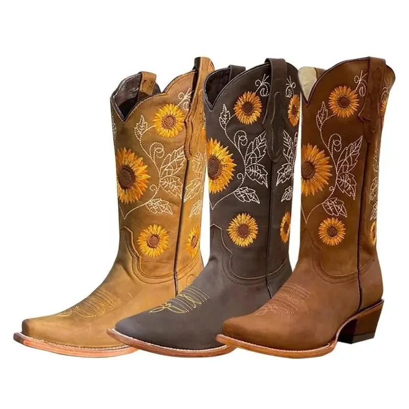 Women’s Coffee Brown Western Cowboy Boots Embroidered Deep V-Mouth