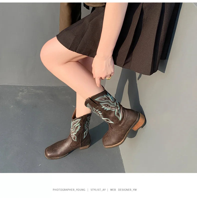 Embroidered Mid-Calf Western Boots for Women – Real Leather