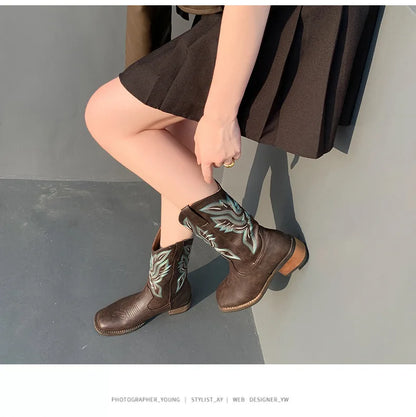 Embroidered Mid-Calf Western Boots for Women – Real Leather