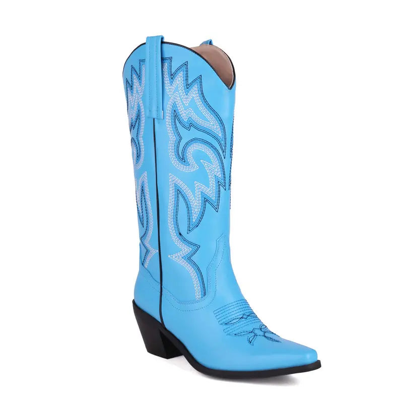 Embroidered Western Cowboy Boots for Women – Pointed Toe Mid-Calf Chunky Heel Boots