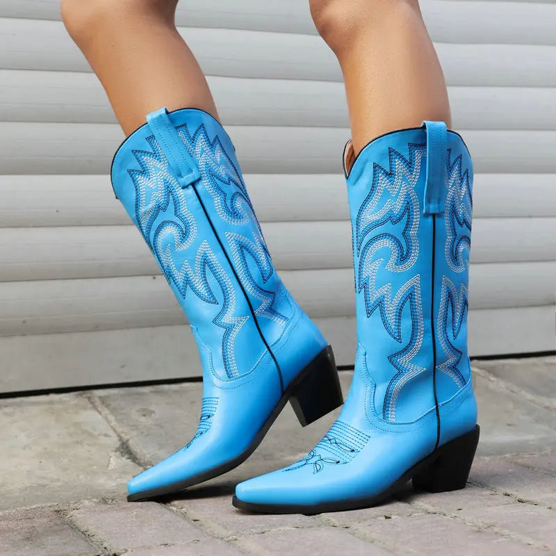 Embroidered Western Cowboy Boots for Women – Pointed Toe Mid-Calf Chunky Heel Boots