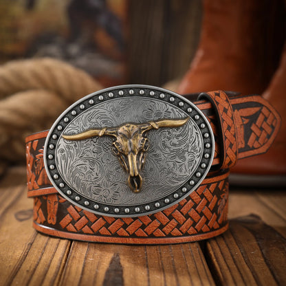 Vintage Western Bull Head Belt Men and Women with Embossed Alloy Buckle