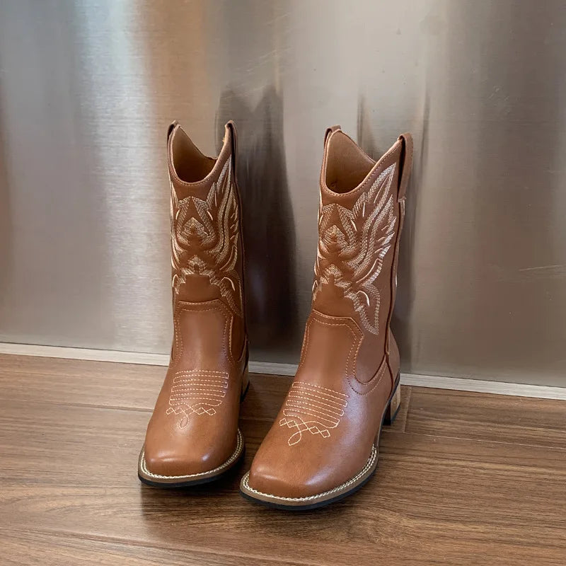 Embroidered Mid-Calf Western Boots for Women – Real Leather