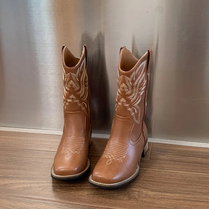Embroidered Mid-Calf Western Boots for Women – Real Leather