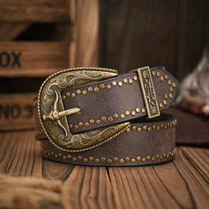 Western Denim PU Leather Belt for Men & Women – Vintage Floral Carved Buckle