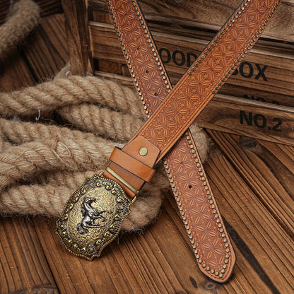 Vintage Western Horse Belt – Unisex PU Leather Belt with Ornate Metal Buckle