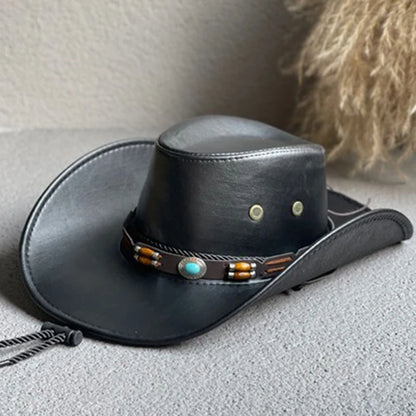 Faux Leather Western Cowboy Hat – Vintage Panama Style for Men & Women