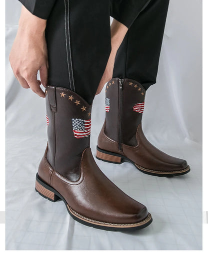 Patriotic Western Cowboy Boots for Men – Vintage Leather Look, Zipper Closure Vegan Leather