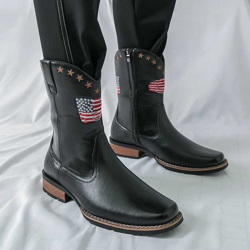 Patriotic Western Cowboy Boots for Men – Vintage Leather Look, Zipper Closure Vegan Leather
