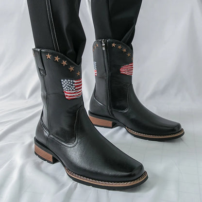 Patriotic Western Cowboy Boots for Men – Vintage Leather Look, Zipper Closure Vegan Leather