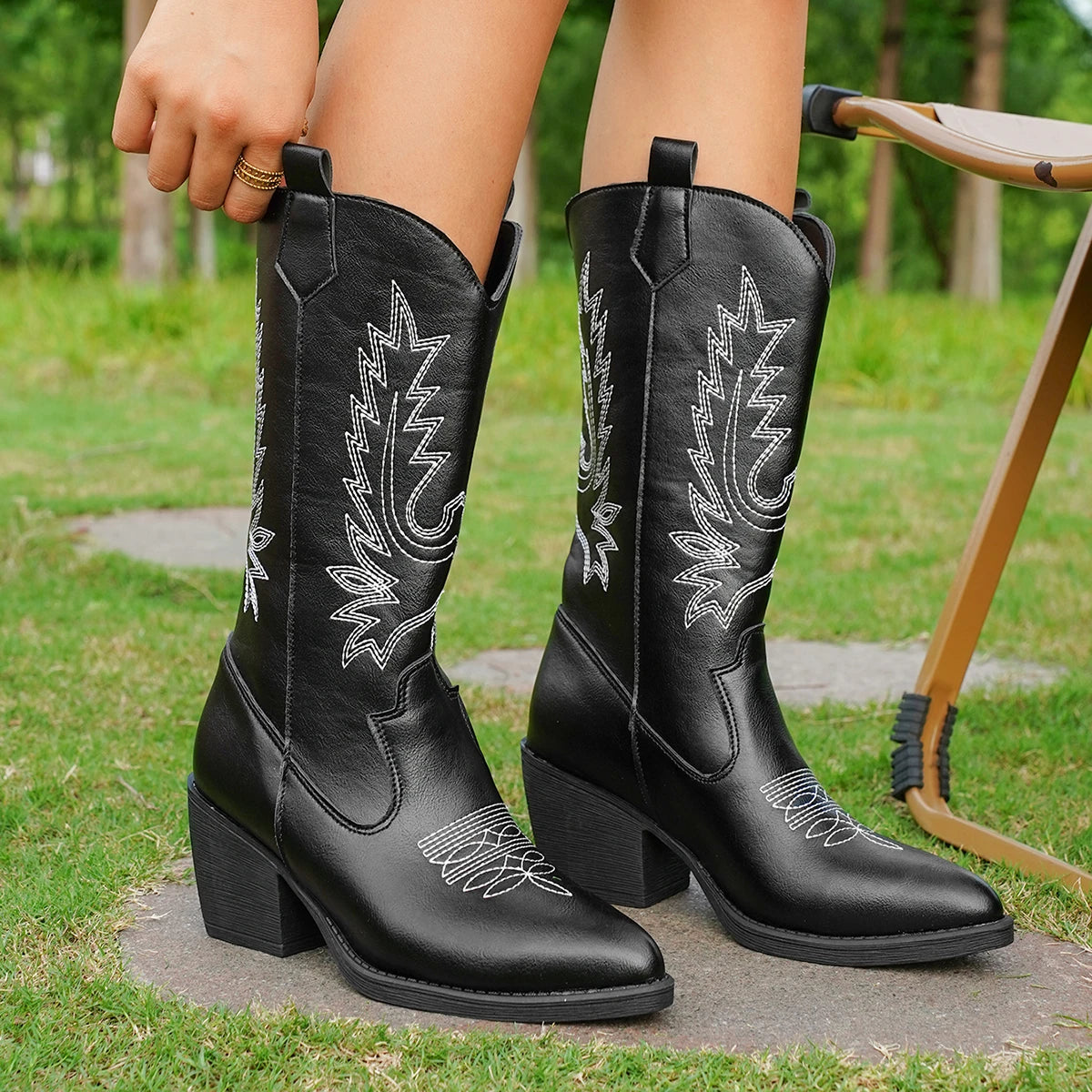 Women’s Western Cowboy Boots Mid-Calf Pointed Toe Embroidered Spring & Fall
