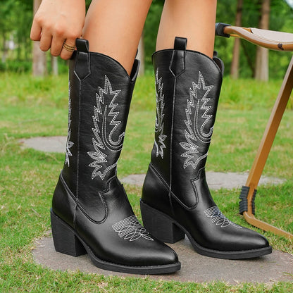 Women’s Western Cowboy Boots Mid-Calf Pointed Toe Embroidered Spring & Fall