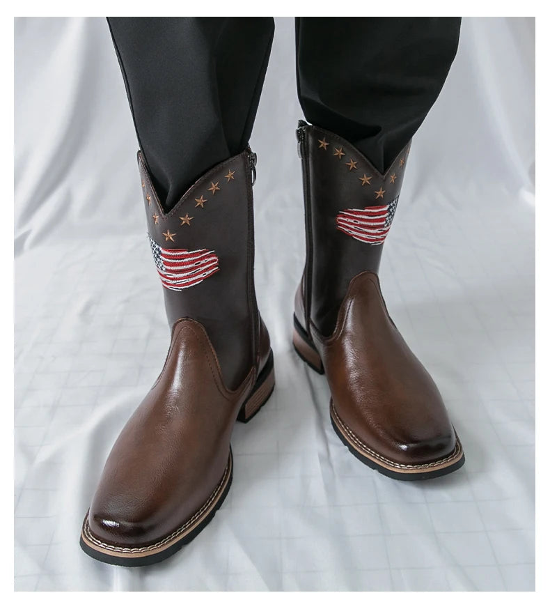 Patriotic Western Cowboy Boots for Men – Vintage Leather Look, Zipper Closure Vegan Leather