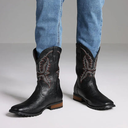 Classic Western Cowboy Boots – Handmade Embroidered Mid-Calf Pull-On Boots Vegan Leather