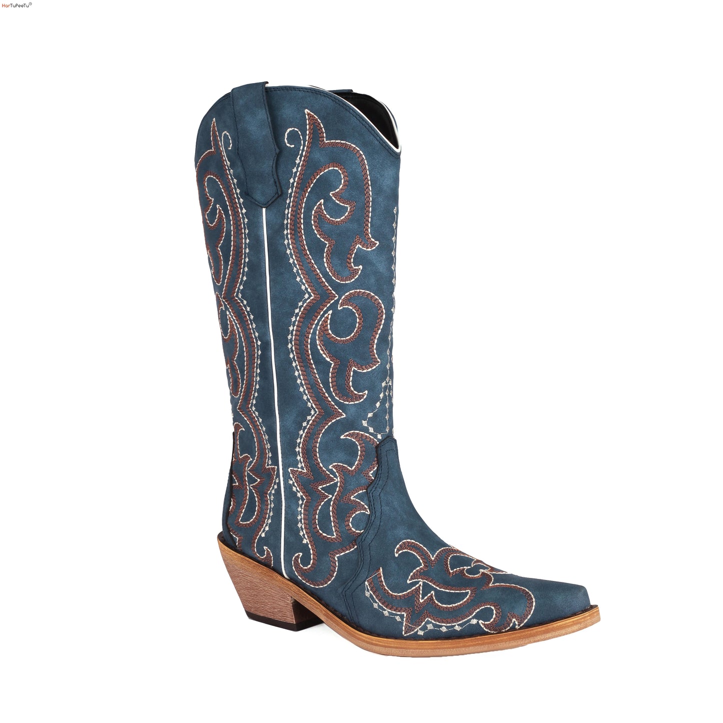 Women’s Blue Western Cowboy Boots Comfortable Wide Calf with Embroidery