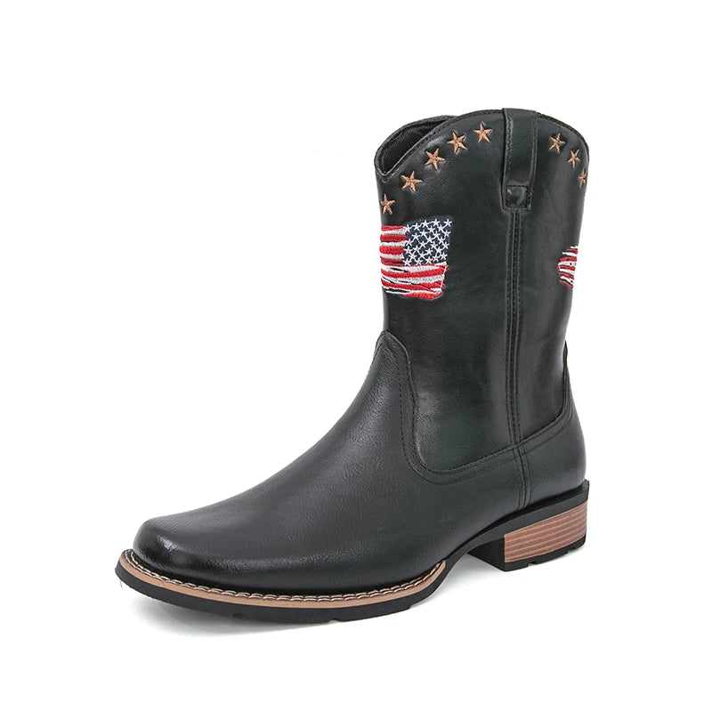 Patriotic Western Cowboy Boots for Men – Vintage Leather Look, Zipper Closure Vegan Leather
