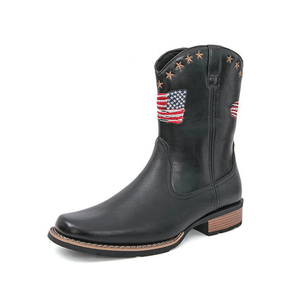 Patriotic Western Cowboy Boots for Men – Vintage Leather Look, Zipper Closure Vegan Leather