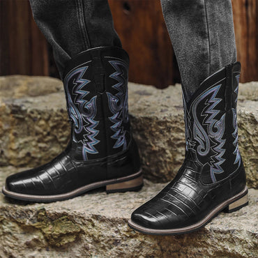 Men’s Western Cowboy Boots – Embroidered Mid-Calf Leather Boots with Square Toe & Chunky Heel
