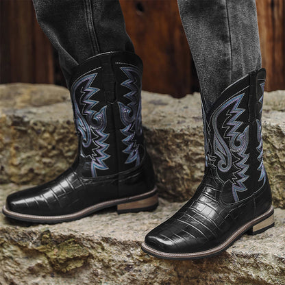 Men’s Western Cowboy Boots – Embroidered Mid-Calf Leather Boots with Square Toe & Chunky Heel