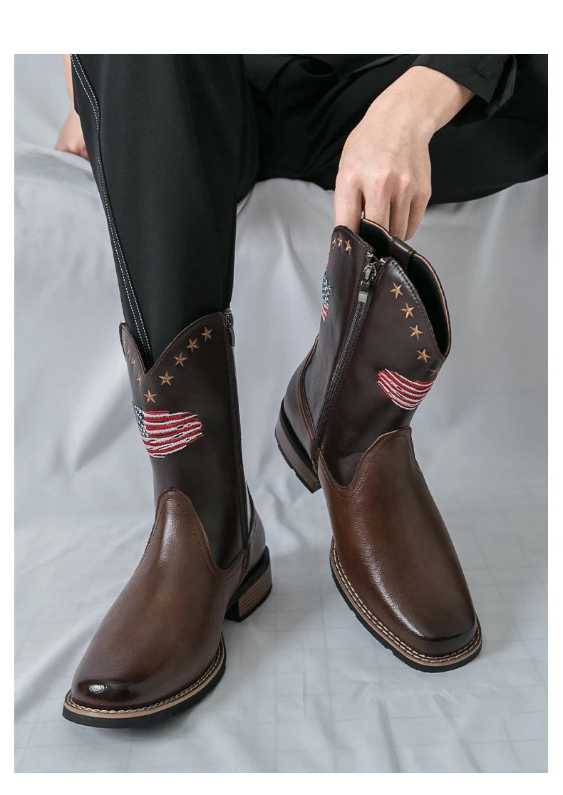 Patriotic Western Cowboy Boots for Men – Vintage Leather Look, Zipper Closure Vegan Leather