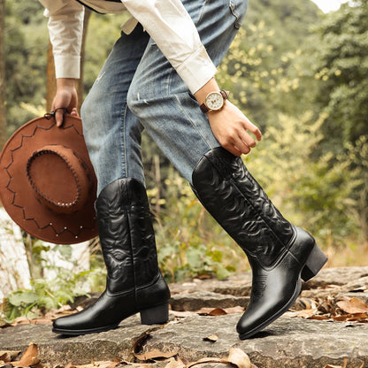 Men’s Heritage Western Cowboy Boots – Round Toe, Embroidered, Wooden Heel Sole