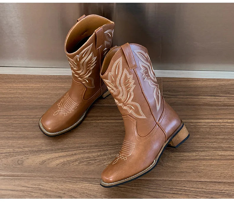 Embroidered Mid-Calf Western Boots for Women – Real Leather