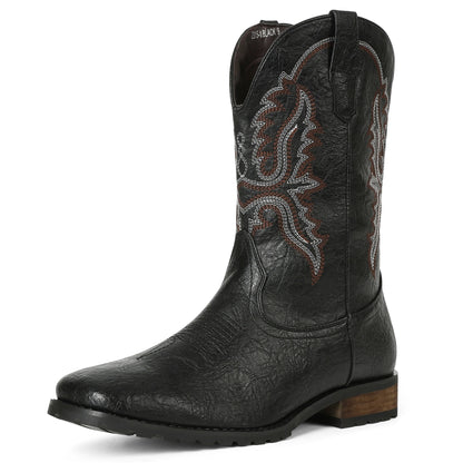 Classic Western Cowboy Boots – Handmade Embroidered Mid-Calf Pull-On Boots Vegan Leather