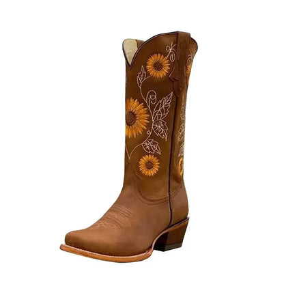 Women’s Coffee Brown Western Cowboy Boots Embroidered Deep V-Mouth