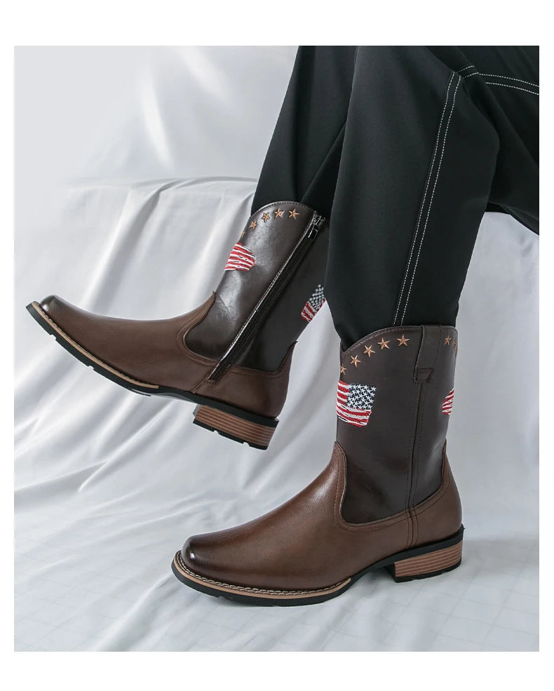 Patriotic Western Cowboy Boots for Men – Vintage Leather Look, Zipper Closure Vegan Leather