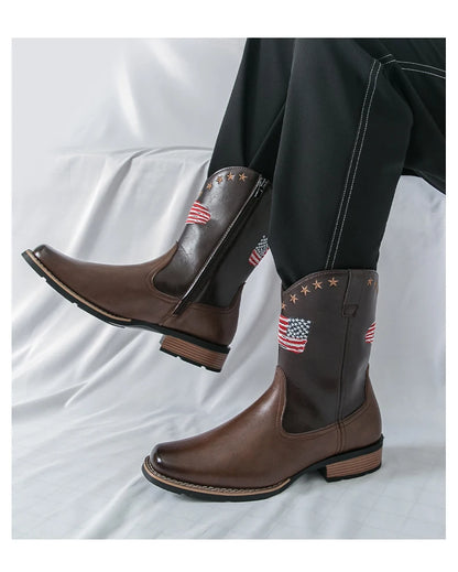 Patriotic Western Cowboy Boots for Men – Vintage Leather Look, Zipper Closure Vegan Leather