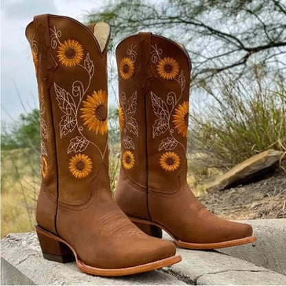 Women’s Coffee Brown Western Cowboy Boots Embroidered Deep V-Mouth